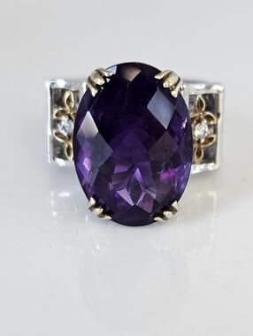 Gems En Vogue Large Amethyst & Diamond Ring Palladium Sterling Silver 18k Sz 8